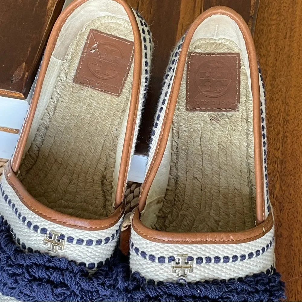 Tory Burch Shaw Fringe Espadrilles Navy and Cream Size 7